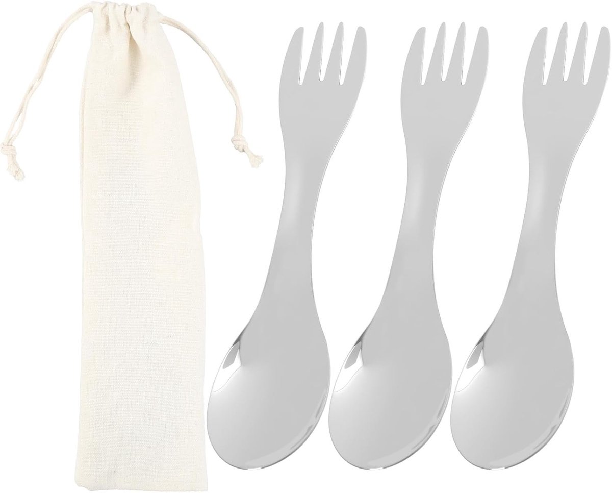 Multifunctionele 2-in-1 Spork en Lepel - Ultralichte Camping Bestekset voor Trekking en Backpacken, Inclusief Opbergtas - 3 Stuks RVS