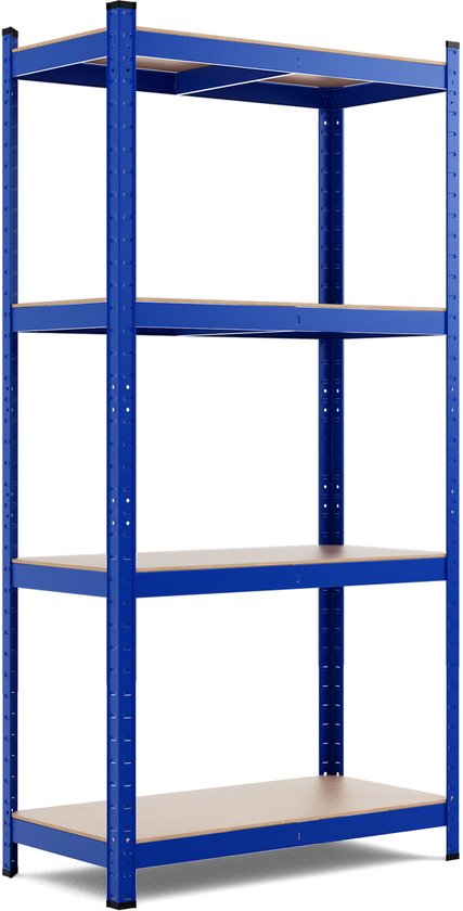 Blauwe opbergrek met 4 niveaus en houten planken.