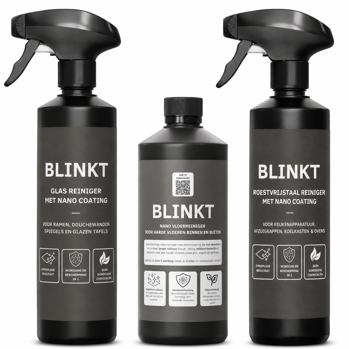 Keuken Schoonmaakset met Nano Coating - RVS- Glas- & Tegelreiniger - Keuken & Vloer Pakket - 3x 500ml - BLINKT