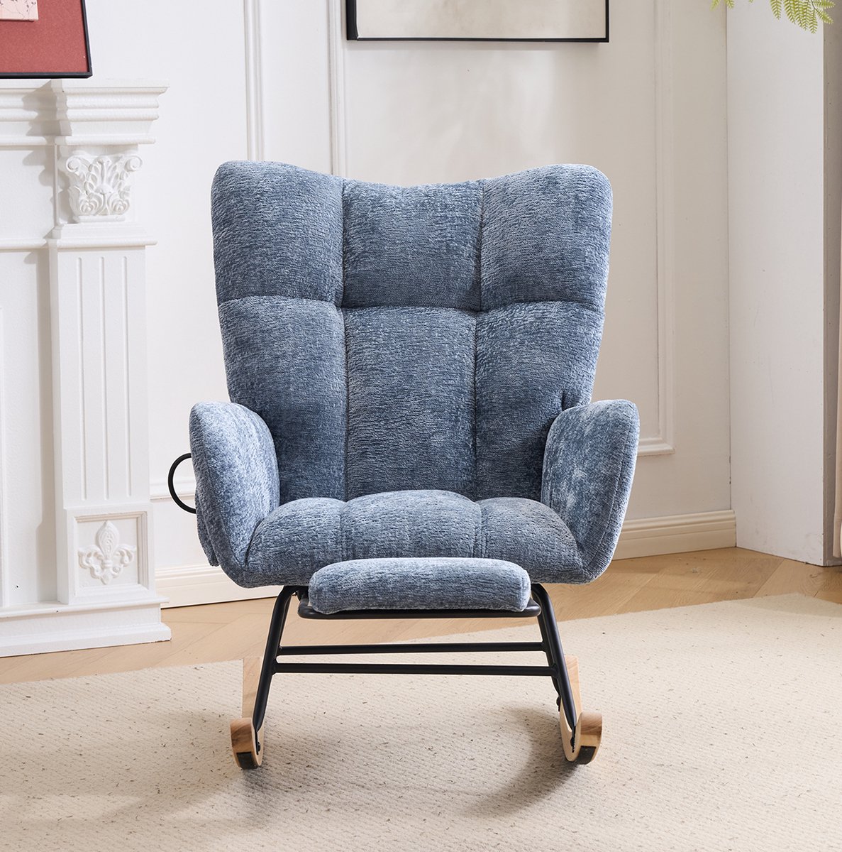 REDOM - Schommelstoel - Hoge rugleuning met armleuningen - Met opbergvak en voetsteun - Ergonomisch design - Woonkamer slaapkamer kantoor - Chenille - Blauw - 63 x 92 x 89 cm