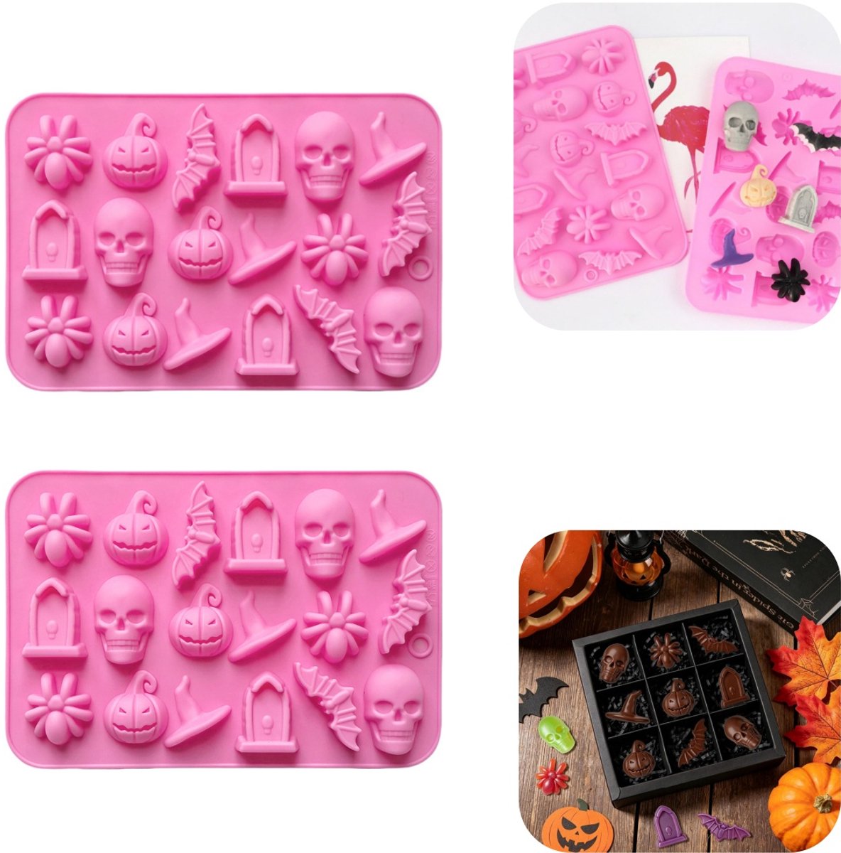 2 stuks mal - siliconen mal - chocolademal - koekjesmal - Halloween snoepmal - diverse vormen - zacht - gemakkelijk los te maken - hittebestendig - keukengerei - geschikt voor koekjes, snoep, Halloween (roze, 18*12,3 cm)