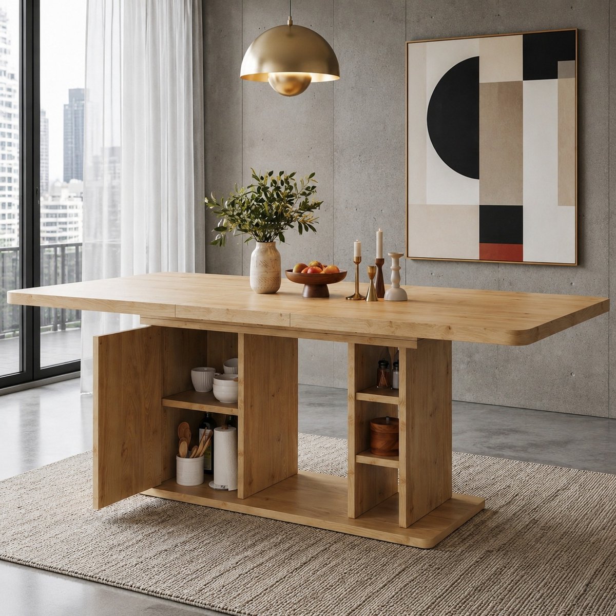 REDOM - Uitrekbare eettafel - Verlengbaar tafelblad met opbergruimte - Scandinavische stijl - Eikenkleur - 140/180 x 80 x 75 cm
