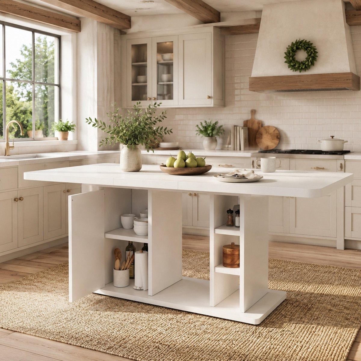 REDOM - Eettafel - Uitschuifbaar - Opbergruimte onder tafel - Scandinavische stijl - Woonkamer en eetkamer - MDF - Wit - 140/180 x 80 x 75 cm