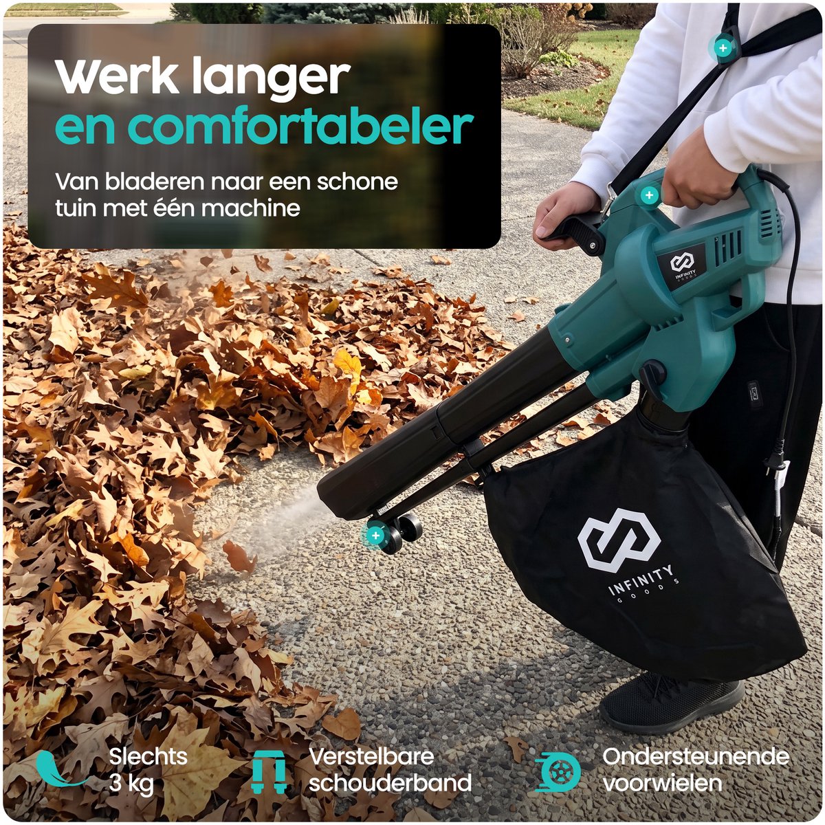 Infinity Goods Elektrische Bladblazer en Zuiger - 3500W - Versnipperfunctie - 45L Opvangzak - Op Snoer - 280 km/u Luchtsnelheid – foto 4