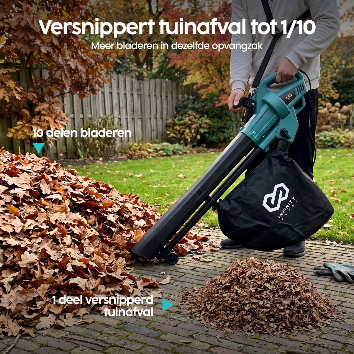 Infinity Goods Elektrische Bladblazer en Zuiger - 3500W - Versnipperfunctie - 45L Opvangzak - Op Snoer - 280 km/u Luchtsnelheid – foto 6