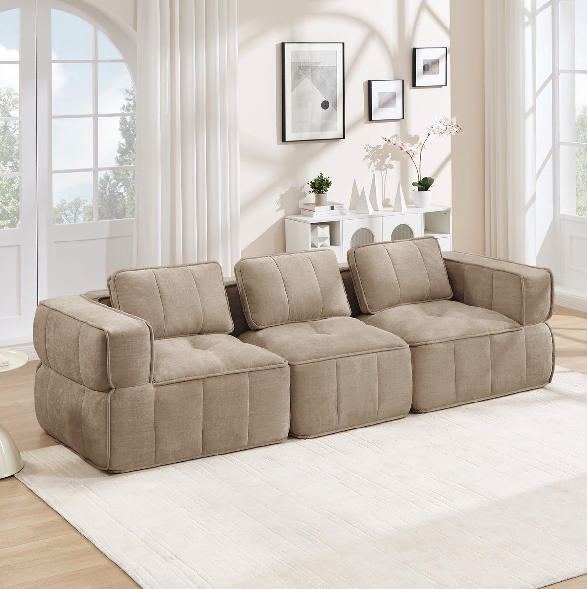 REDOM - Modulaire 3-zitsbank - 32D hoogwaardig schuim - Antislip basis - Zonder montage - Moderne stijl - Woonkamer - Polyester - Zand - 271 x 93 x 67 cm