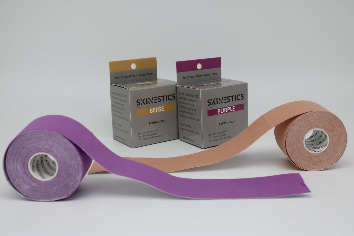 Duo pack Skinestics Sport tape – Fysio tape – Kleur Beige+Paars – nu 20% langer, 600 cm lang bij 5 cm breed, 170% rekbaar gelijk aan menselijke huid, standaard voorzien van extra sterke lijm, katoen, voor het hele lichaam, spier ondersteuning