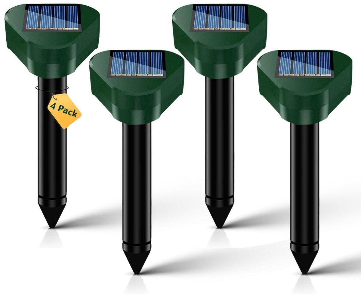 Mollenverjager op zonne energie - Ultrasoon woelmuisafweermiddel - Muizenverjager - IP65 waterdicht - 4-Pack Mollenvogelverschrikker - Diervriendelijk - voor Tuin Kamperen Anti-Mol Muizen Slangen