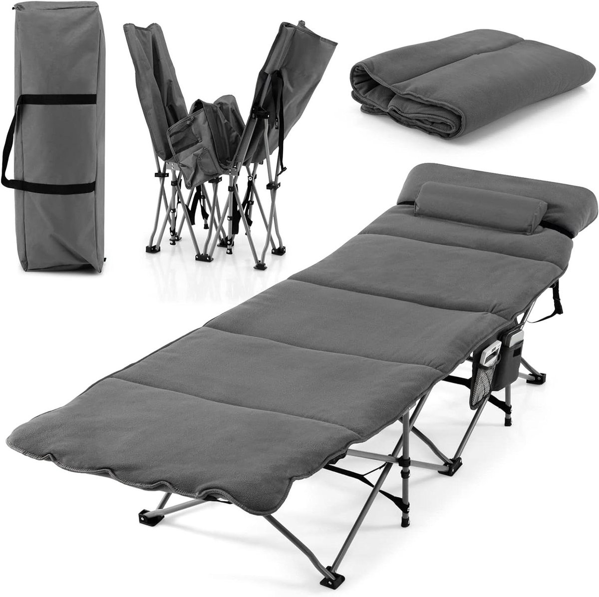 Veldbed Inklapbaar - Campingbed Logeerbed - Ontspannen Buiten - Met Matras Kussen - 190 x 67 cm - Grijs