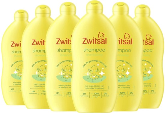 Vijf gele flessen Zwitsal baby shampoo met babyaffiguren en tekst.