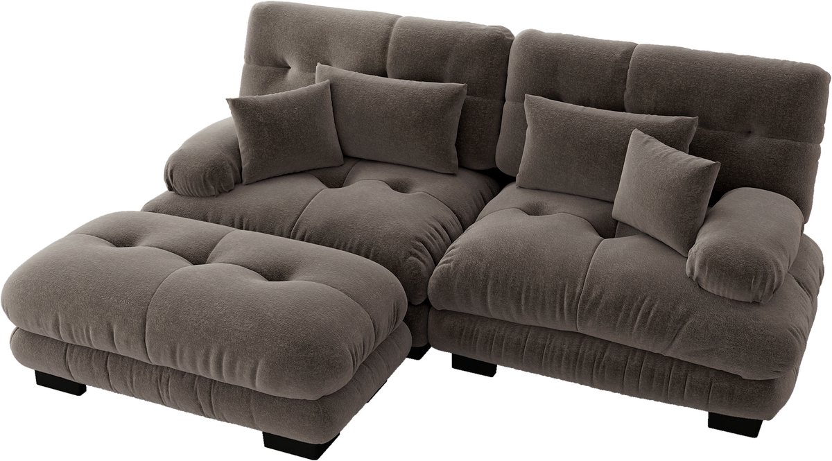 Cloud Ecksofa voor woonkamer, Chenille hoekbank met 2 lendenkussens en 2 decoratieve kussens, gepolst bank met brede armleuningen en ottomane, Chenille Bruin