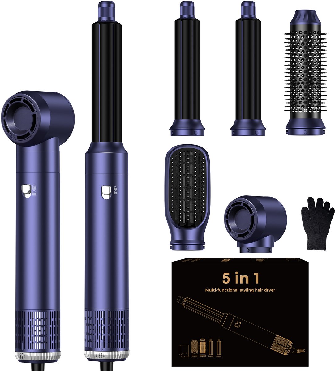 Airstyler krultang 5 in 1 Multistyler Föhn - 1000 Watt Haarstyler - Hairwrap Föhnborstel - Haardroger - Airwrap - Stijlborstel en Krulborstel – Warmteborstel – Thermal Brush- Heteluchtborstel – Haarfohn - Warmte Handschoen - blauw
