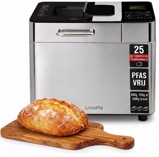 Luxuriq Broodbakmachine - Warmhoudfunctie & Timer - 25 programma’s - 500/750/1000 gram - PFAS vrij - Glutenvrij programma - Noten/fruit dispenser - Broodmachine - 600W - RVS + Ovenhandschoenen