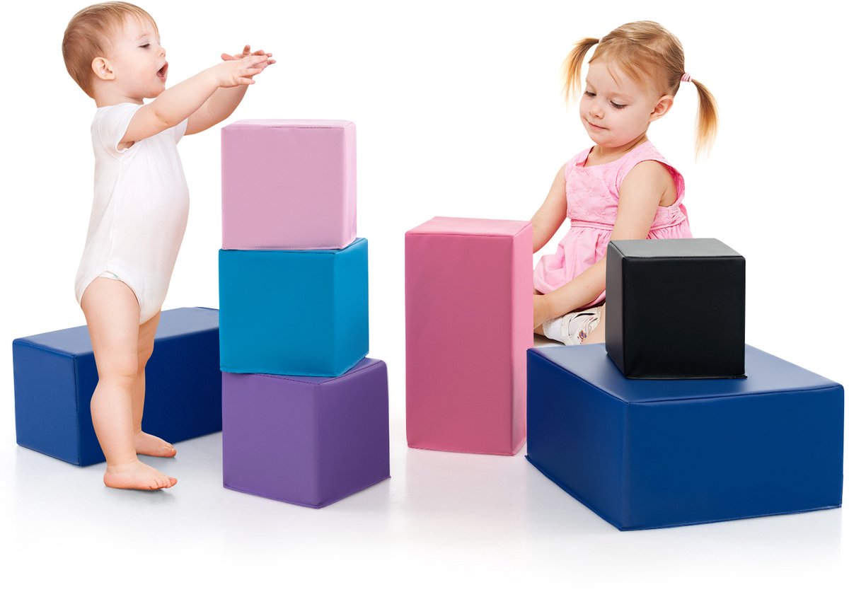 COSTWAY 7-delige set schuimrubberen bouwstenen, zachte bouwstenen vierkant en rechthoekig, kleurrijke grote bouwstenen om op te klimmen, schuimrubberen blokken voor baby's en kinderen vanaf 1 jaar