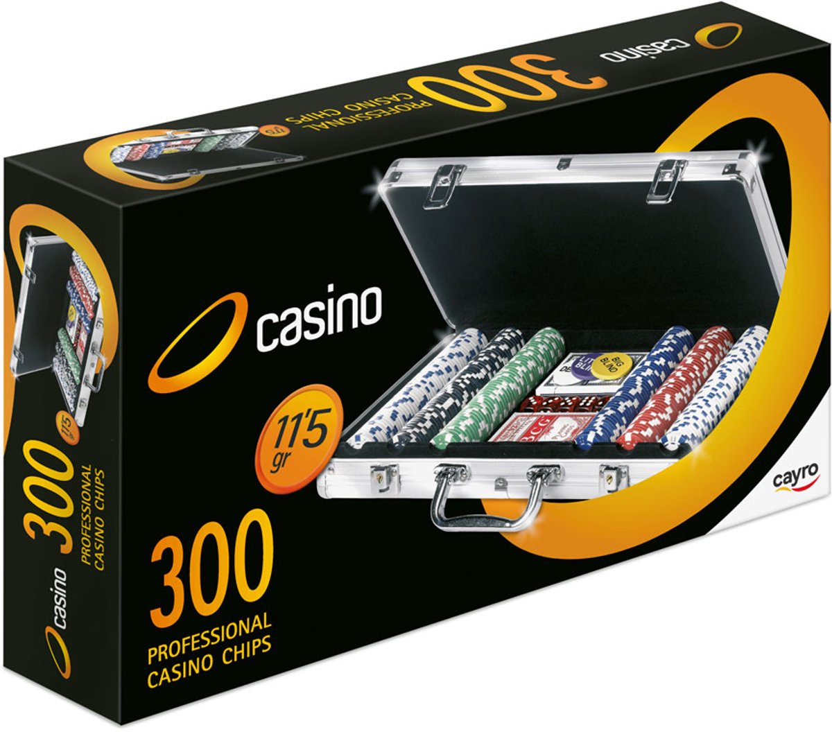 Cayro Pokerkoffer met 300 Chips van 11,5 Gram - Aluminium Koffer met 2 Kaartspellen en 5 Dobbelstenen - Inclusief Dealer en Blind Chips - Vanaf 14 Jaar - Cayro Collection