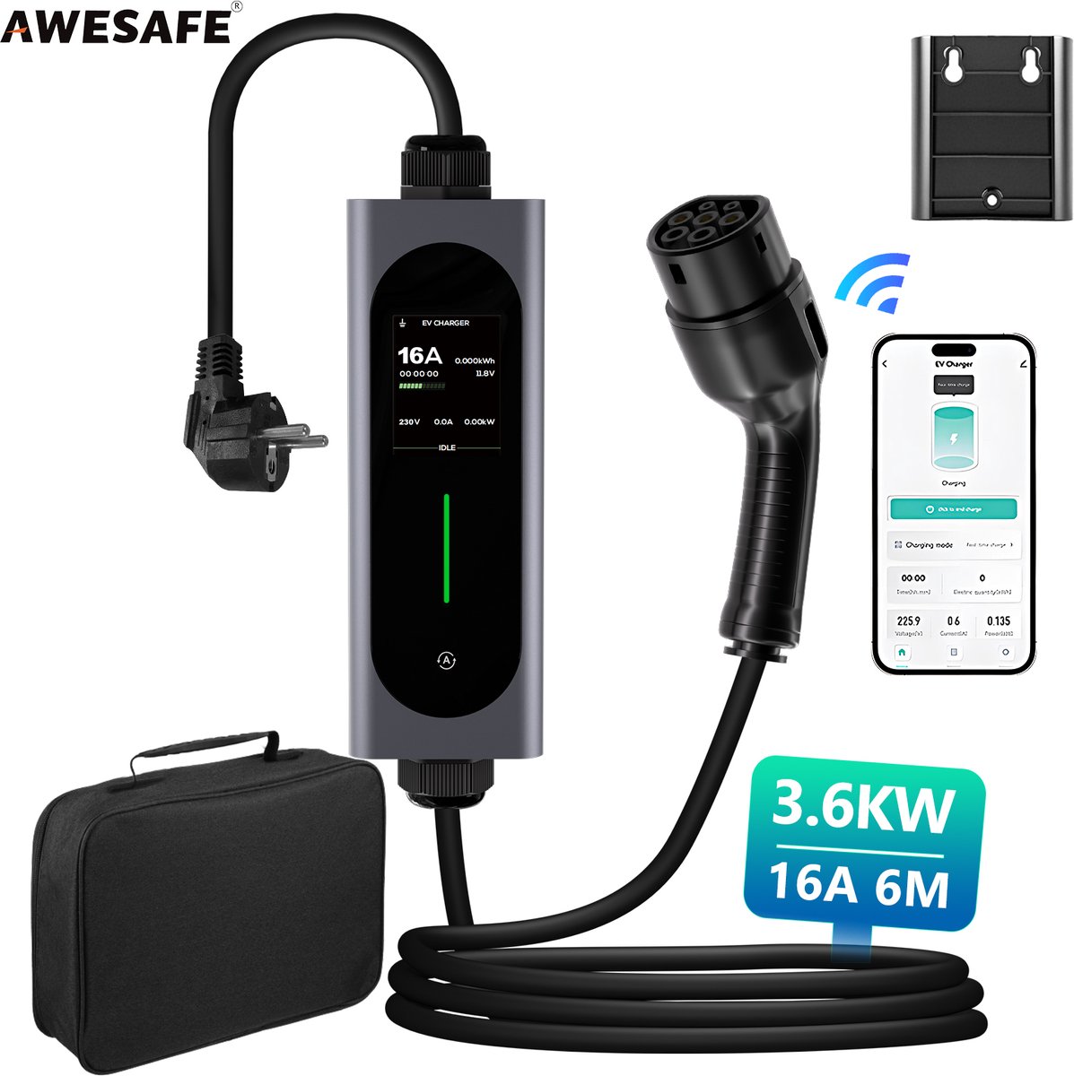 Awesafe Laadkabel - Huishoudelijke schuko stekker EV-Lader Type 2 - 3.5 kW 16A Draagbare Charger - Waterdicht - 6M - 6A/8A/10A/13A/16A Schakelbaar - Geschikt Voor Elektrische Auto - Met transporttas - Zwart