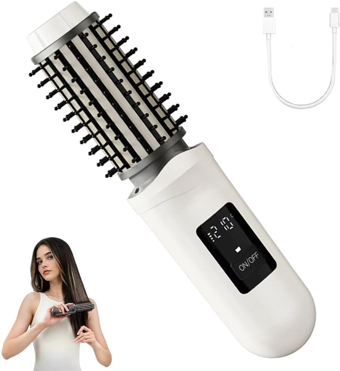 Draadloze krulborstel, oplaadbare 3-in-1 haarstyler en stylingkam, 3 temperatuurstanden met LCD-display, draagbare krul- en stijlborstel voor thuis en onderweg-Wit