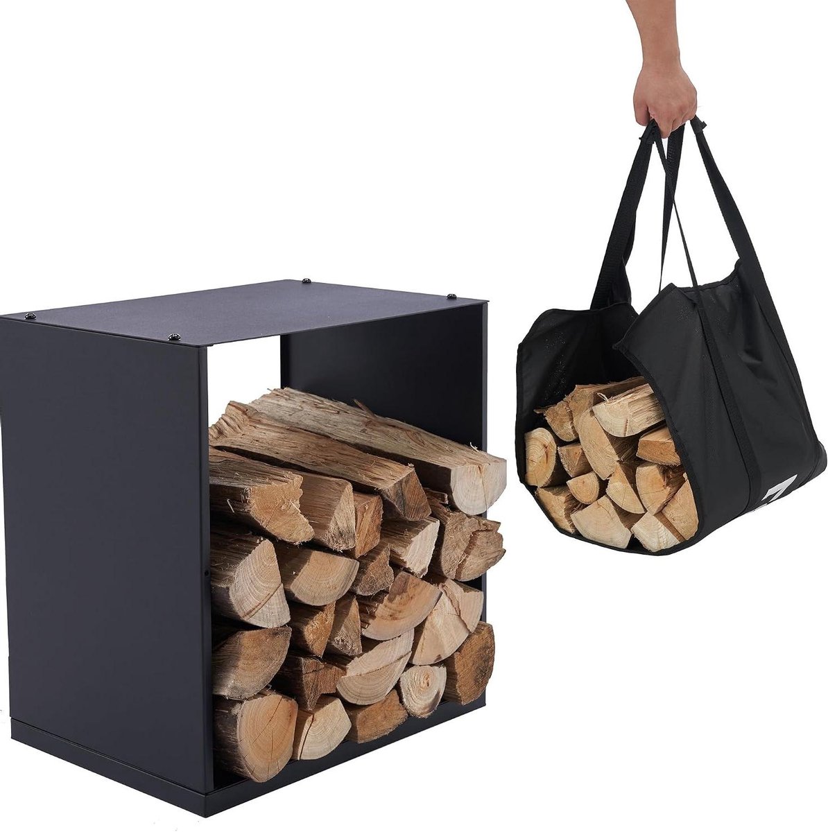 Houthaard Rek - Hout Opslag - Binnen en Buiten - Inclusief Draagtas - 40x28x40cm - Zwart