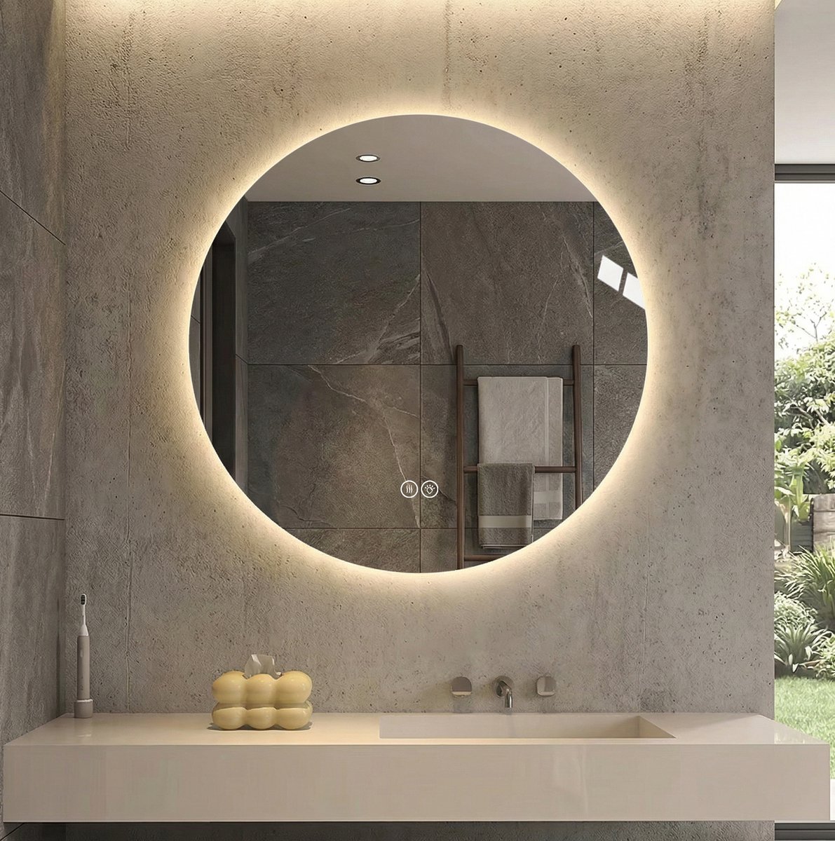 MODFU - LED Badkamerspiegel - Rond - Anti-Beslag - Wandspiegel - Glas Metaal - Zilver - 80 Cm