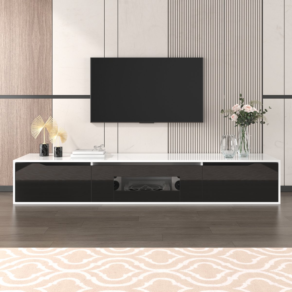 MODFU Tv-Meubel 180x35x30 cm - Wandmontage - Zwart-Wit - Zwart Front Hoogglans - Met LED Verlichting - Moderne Televisiekast Wit (Model 2)