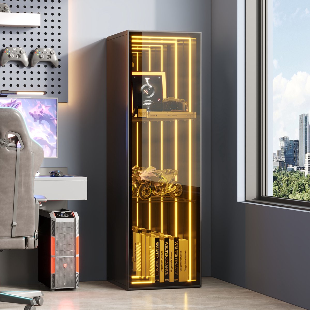 MODFU - Vitrinekast - LED-Verlichting En Verstelbare Planken - Modern - MDF Glas Aluminium - Zwart
