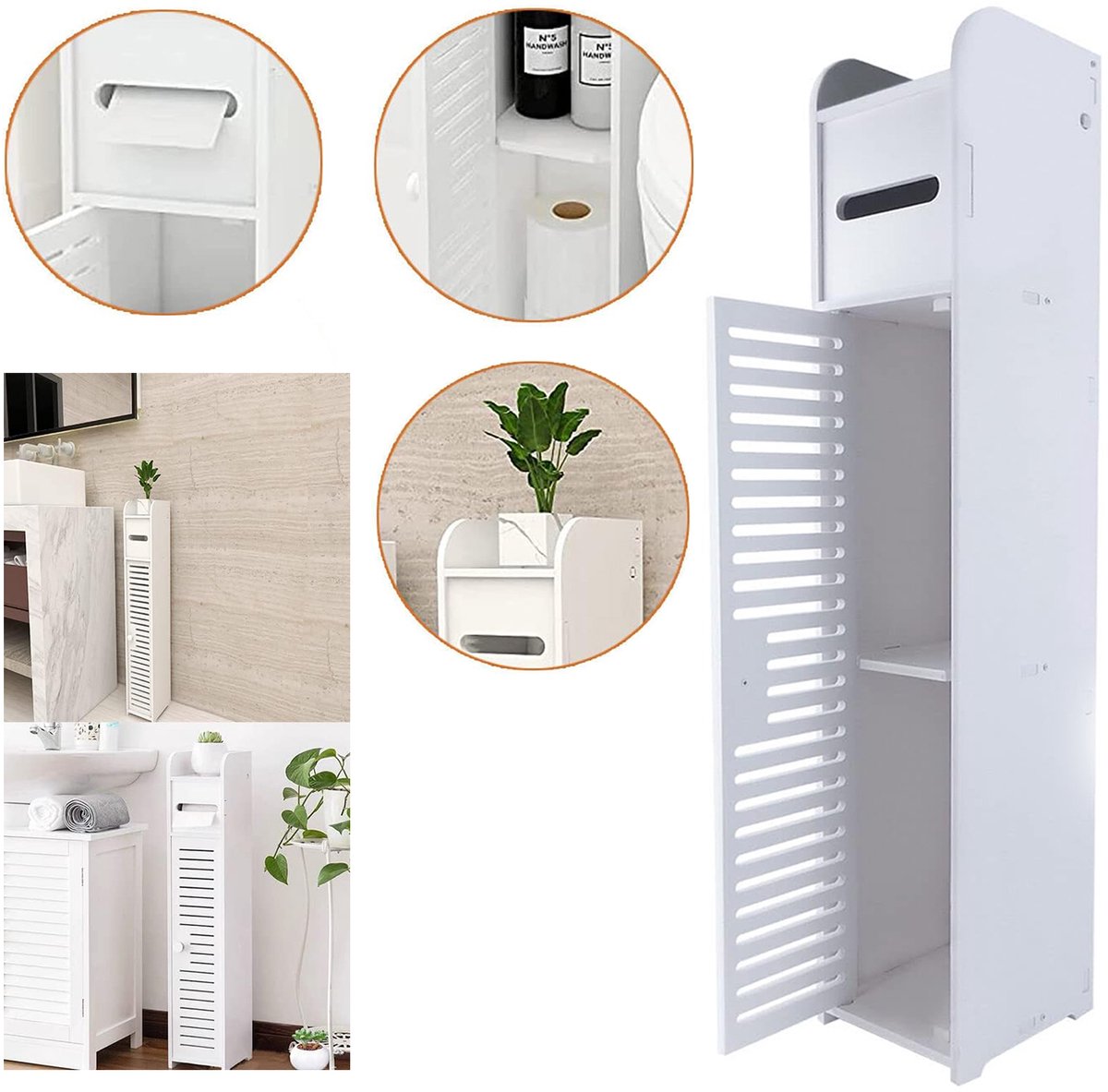 Vrijstaande toiletrolhouderkast, Badkamer opbergkast, Papierrolhouderstandaard, Hoekplank.