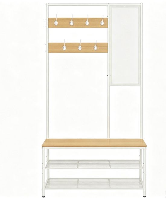 Witte kapstok met houten paneel, 7 haken, spiegel, zitbank en twee schoenenplanken.
