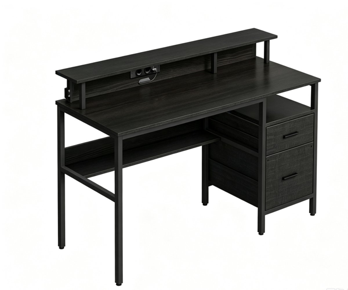 Bureau Computerbureau Zwart 55 x 135 x 90 cm, Bureau met Stopcontacten en USB, Monitorstandaard, LED Verlichting, Opbergruimte, Lades, Gaming Bureau, Thuiswerkplek, Schrijftafel, Metalen Frame, Multifunctioneel, Kantoor, Slaapkamer