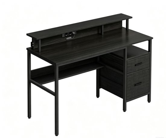 Zwart bureau met metalen frame, een monitorstandaard met stopcontacten, en een ladekast aan de rechterkant.