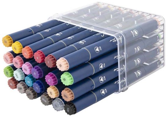 Stapel blauwe markers met gekleurde doppen in een transparante houder.