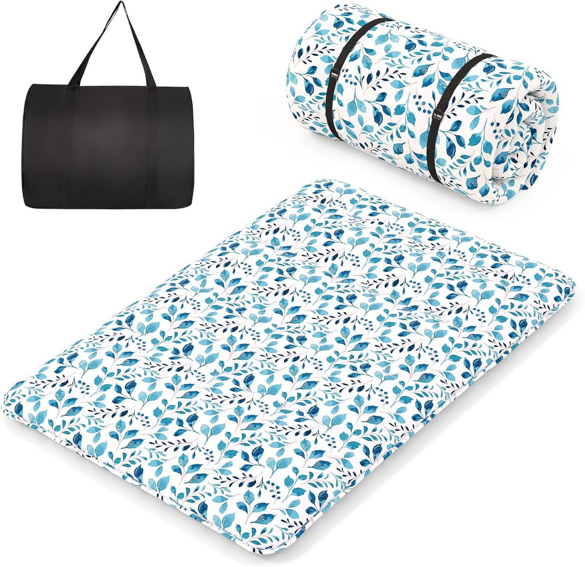 COSTWAY Japanse futon matras, tatami-mat, vloermat, vouwmatras met wasbare overtrek, opvouwbare slaapmat met draagtas,140 x 200 cm, blauw blad