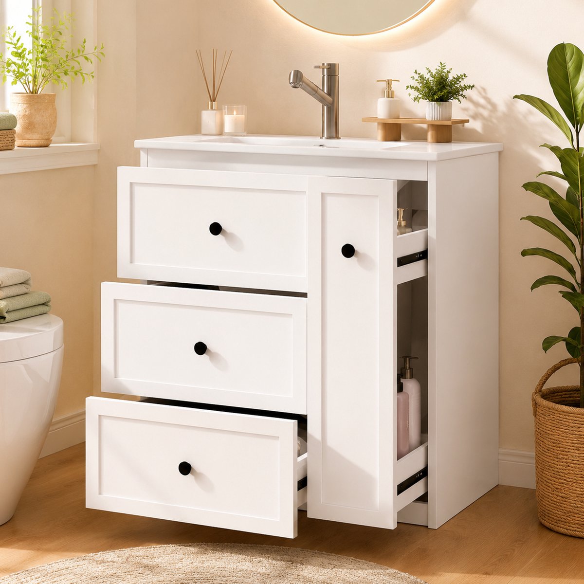 Vrijstaand badkamermeubel - Wastafelmeubel 76 cm - Wastafelkast - Met lades - 76x46x82 cm - Opbergruimte - Badkamer Wit