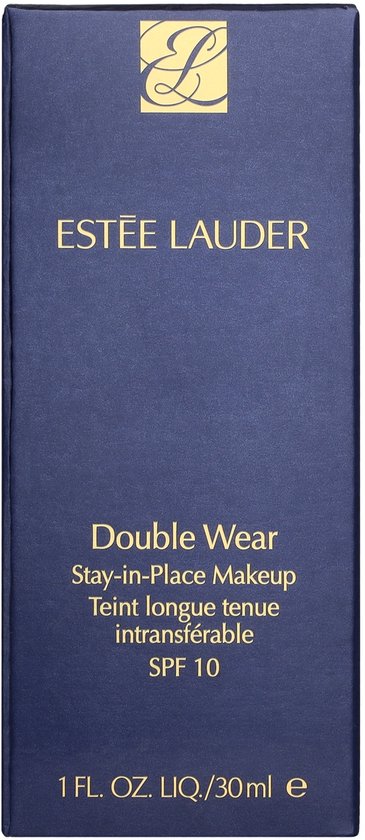 Estée Lauder Double Wear doosje voor foundation, kleur 4N2 Spiced Sand. Donkerblauwe verpakking met gouden logo.
