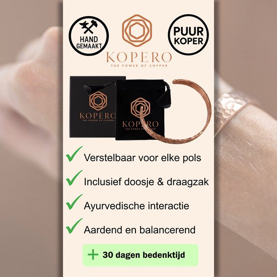 Koperen armband, gehamerd, handgemaakt, puur koper. Verstelbaar voor elke pols, inclusief doosje & draagzak. Met voordelen als Ayurvedische interactie, aardend en balancerend. 30 dagen bedenktijd.