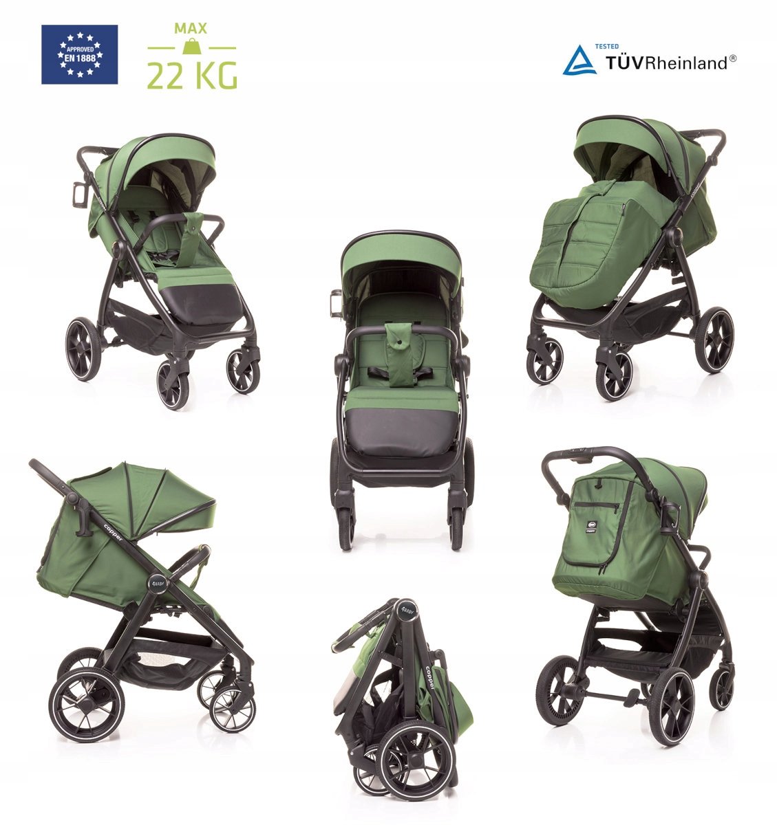 4Baby Koperen Kinderbuggy - Groen, tot 22 kg, inclusief accessoires
