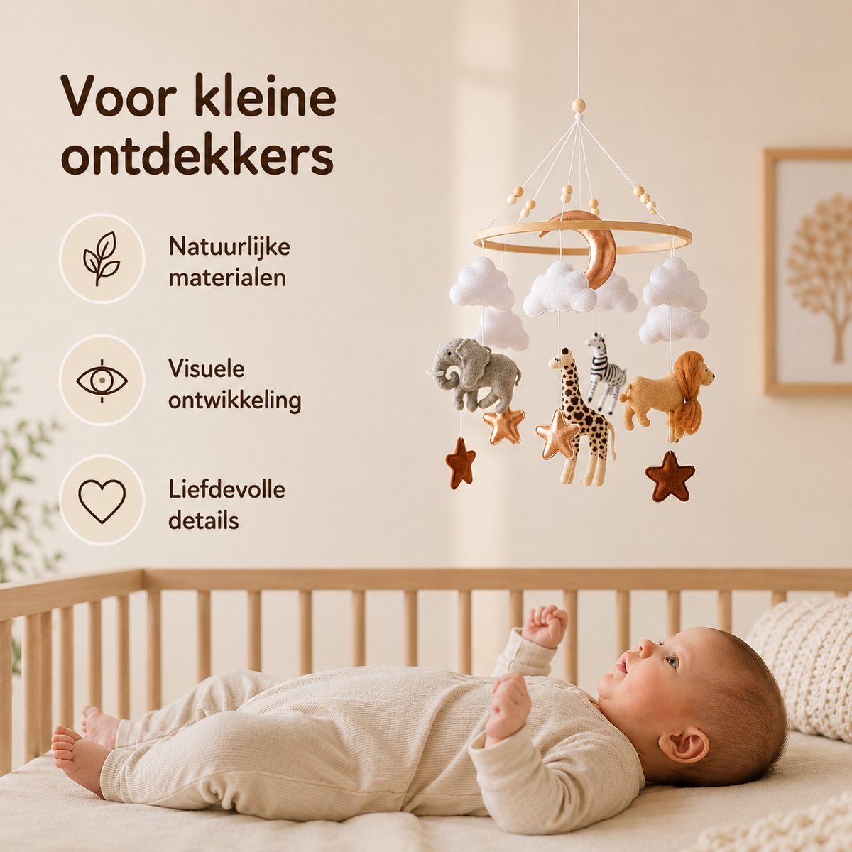 Joymaxx® Mobiel Baby Dieren Safari - Boxmobiel Vilt/Hout Handgemaakt - Babykamer Decoratie Neutrale Kleur- Muziekmobiel-Kraamcadeau - Babyshower Cadeau – foto 7