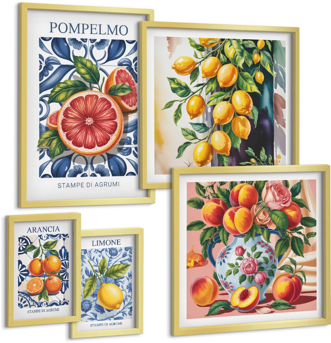 Coloray 5-Delige Schilderij Set - Zonnige Accenten Met Citrusvruchten In Een Vintage Stijl - 50 x 50 cm, 20 x 30 cm En 40 x 60 cm - Muurdecoratie - Decoratieve Schilderijen - Wohnzimmer