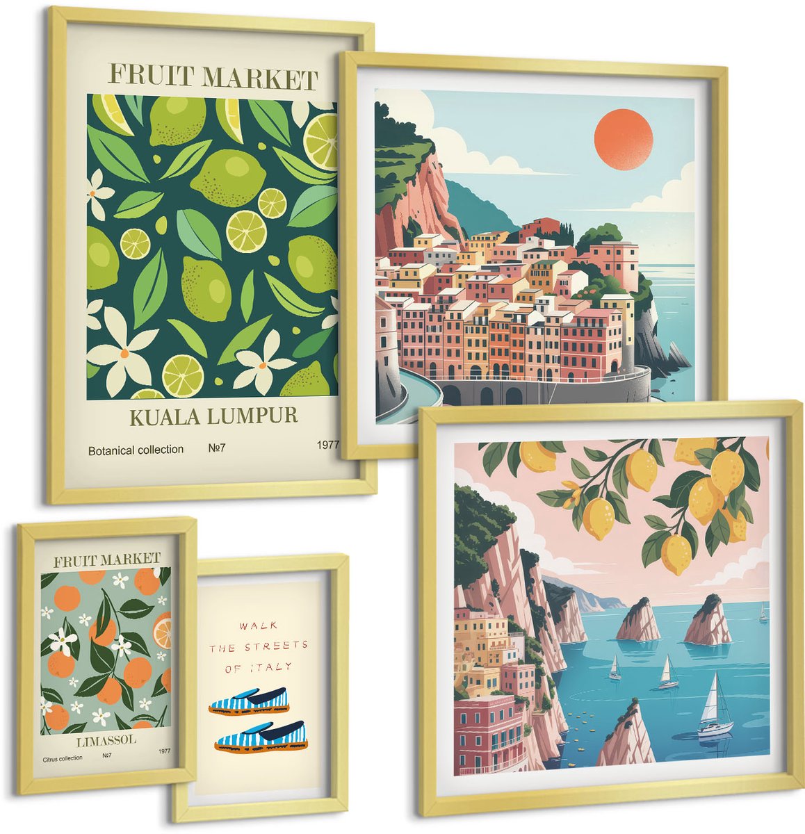Coloray 5-Delige Schilderij Set - Tropische Vruchten En Uitzichten Vanaf Vakantiebestemmingen - 50 x 50 cm, 20 x 30 cm En 40 x 60 cm - Wanddecoratie - Schilderijen Set - Interieur - Stijlvolle Muurdecoratie