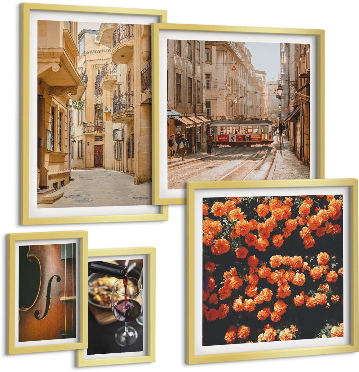 Coloray 5-Delige Schilderij Set - Charmante Straatjes En Heerlijke Momenten In De Stad - 50 x 50 cm, 20 x 30 cm En 40 x 60 cm - Moderne Wanddecoratie - Slaapkamer - Interieur Decoratie