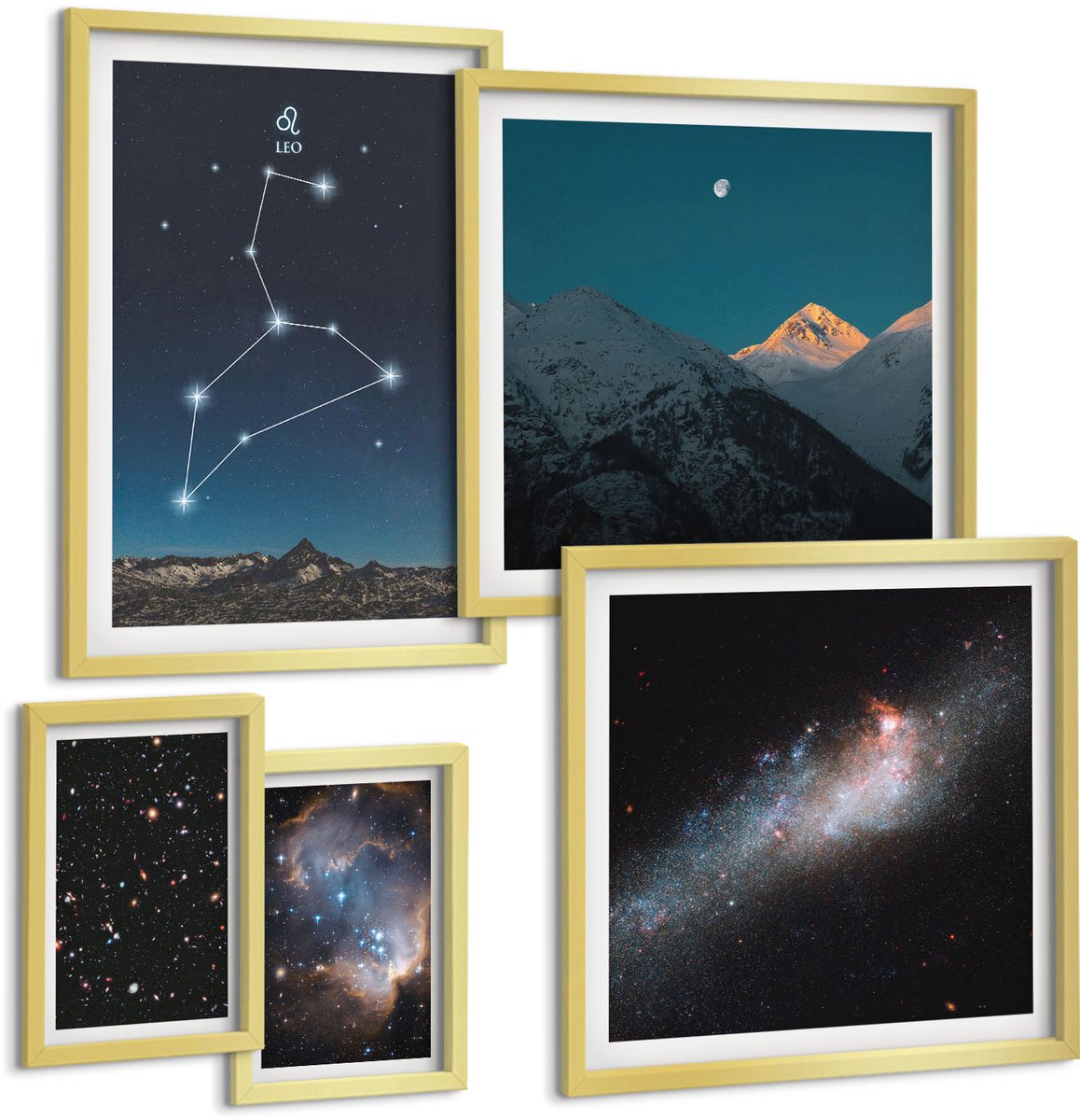 Coloray 5-Delige Schilderij Set - Kosmische Sterrenbeelden En Melkwegstelsels In De Nachtelijke Ruimte - 50 x 50 cm, 20 x 30 cm En 40 x 60 cm - Wanddecoratie - Muurdecoratie - Woonkamer - Stijlvolle Muurdecoratie