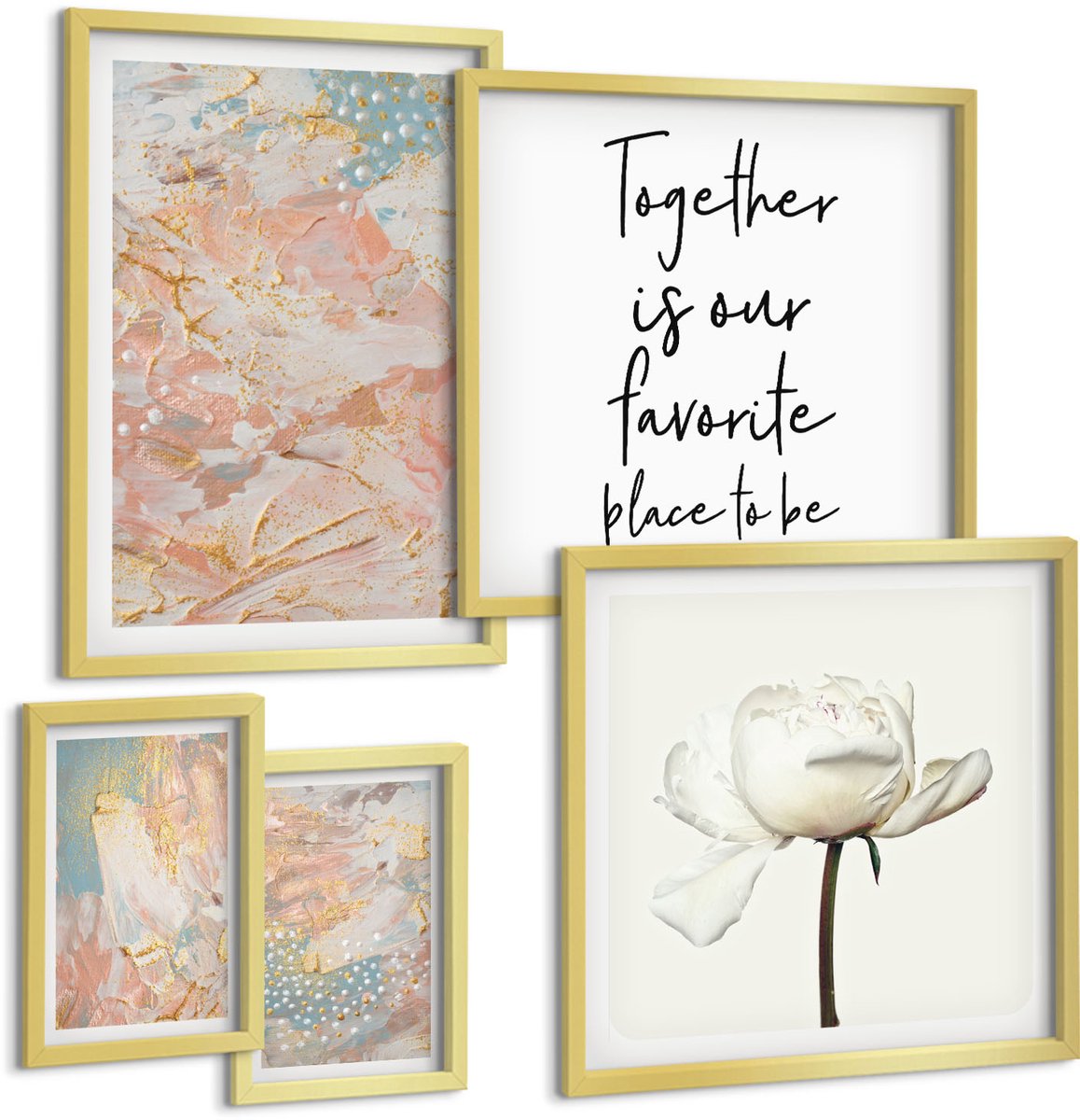 Coloray 5-Delige Schilderij Set - Abstracte Composities Met Bloemen En Inspirerende Slogans - 50 x 50 cm, 20 x 30 cm En 40 x 60 cm - Muurdecoratie - Wanddecoratie - Hal - Woonkamer Decoratie