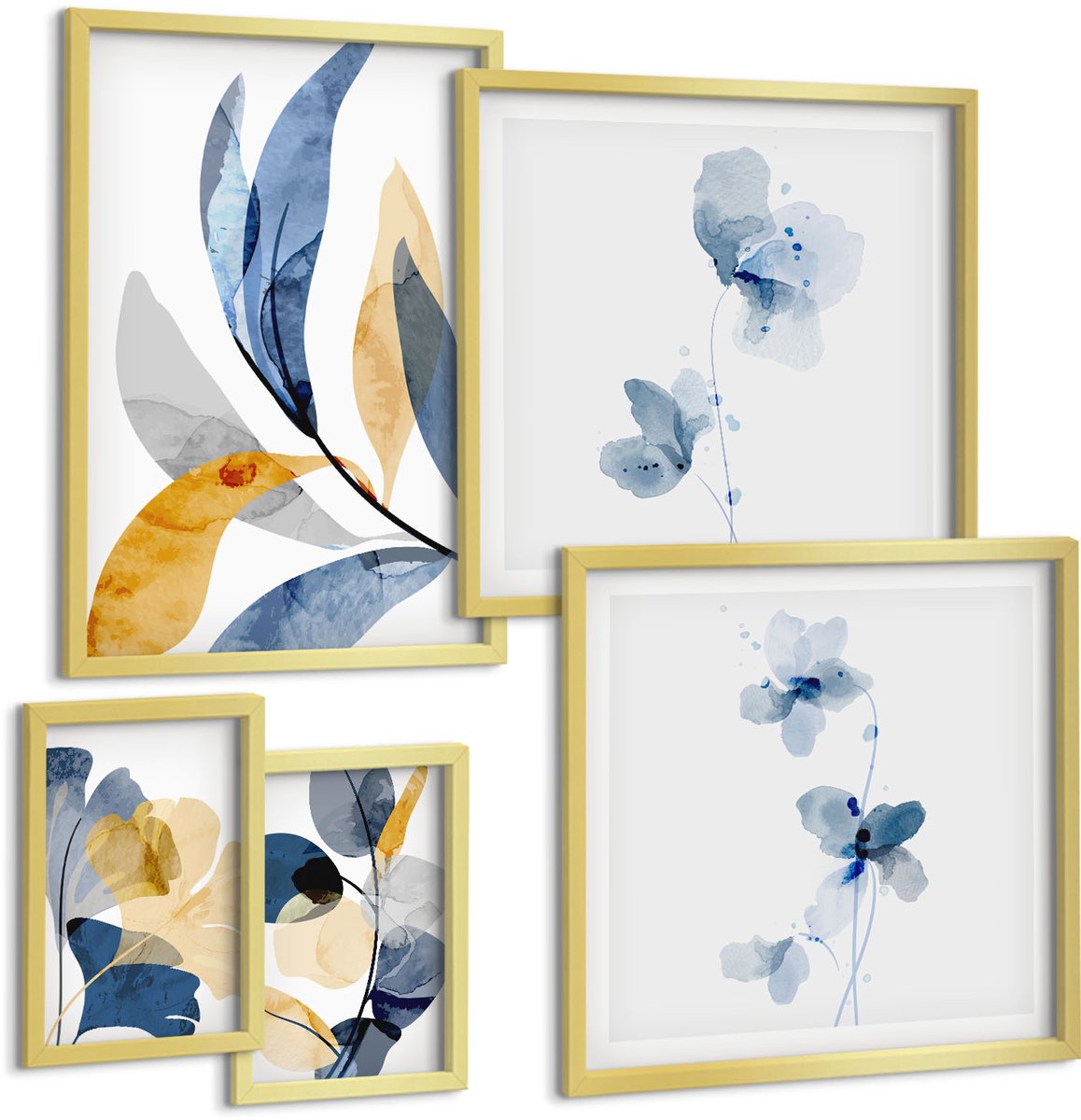 Coloray 5-Delige Schilderij Set - Plantmotieven In Pasteltinten Voor Interieurs - 50 x 50 cm, 20 x 30 cm En 40 x 60 cm - Wanddecoratie - Woonkamer Decoratie - Moderne Wanddecoratie