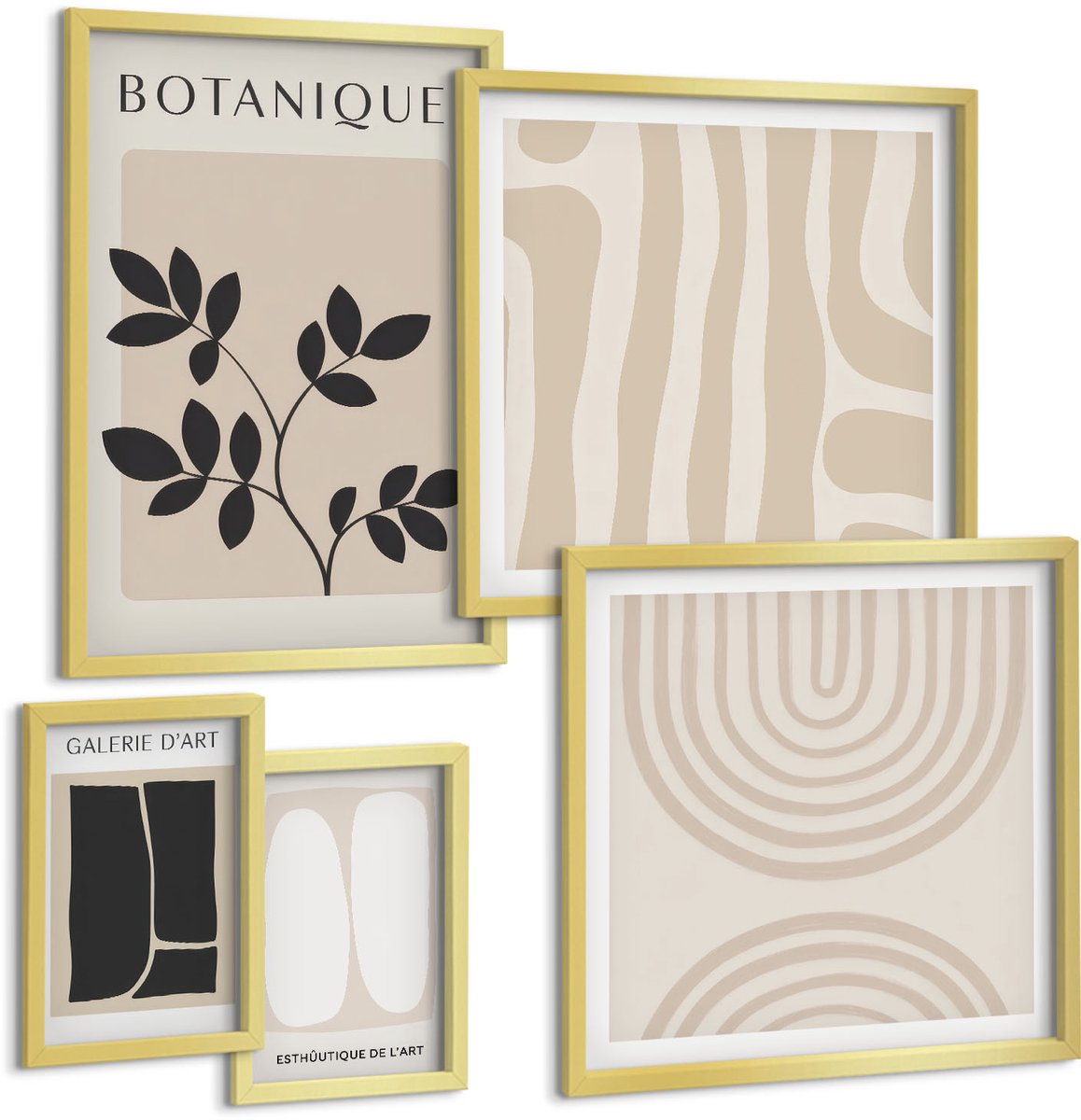 Coloray 5-Delige Schilderij Set - Stijlvolle Afbeeldingen In Natuurlijke Tinten Met Plantmotieven. - 50 x 50 cm, 20 x 30 cm En 40 x 60 cm - Muurdecoratie - Wanddecoratie - Slaapkamer