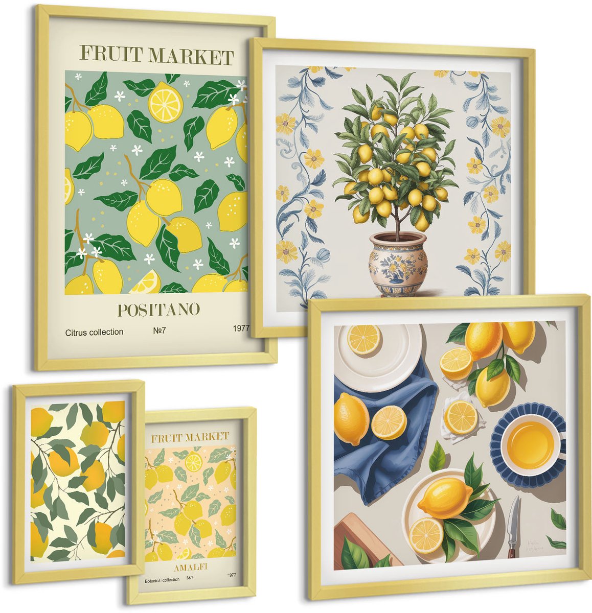 Coloray 5-Delige Schilderij Set - Citruscollectie: Verse Vruchten En Decoratieve Patronen - 50 x 50 cm, 20 x 30 cm En 40 x 60 cm - Wanddecoratie - Schilderijen Set - Kantoor
