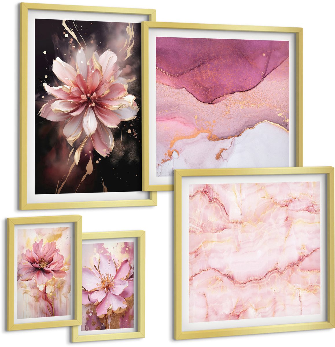 Coloray 5-Delige Schilderij Set - Bloemencomposities In Delicate Roze Tinten - 50 x 50 cm, 20 x 30 cm En 40 x 60 cm - Muurdecoratie - Wanddecoratie - Slaapkamer - Moderne Wanddecoratie