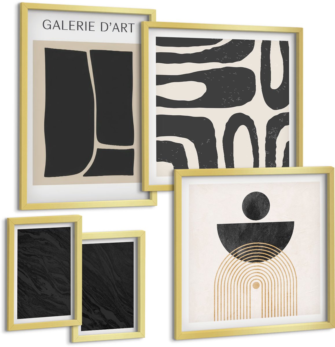 Coloray 5-Delige Schilderij Set - Abstracte Vormen En Donker Marmer - 50 x 50 cm, 20 x 30 cm En 40 x 60 cm - Schilderijen Set - Wanddecoratie - Woonkamer - Moderne Wanddecoratie