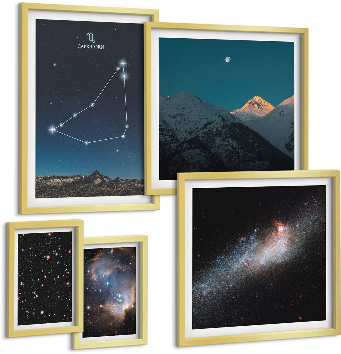 Coloray 5-Delige Schilderij Set - Ruimtelandschappen En Sterrenbeelden In Een Moderne Stijl - 50 x 50 cm, 20 x 30 cm En 40 x 60 cm - Decoratieve Muurdecoratie - Slaapkamer - Moderne Wanddecoratie