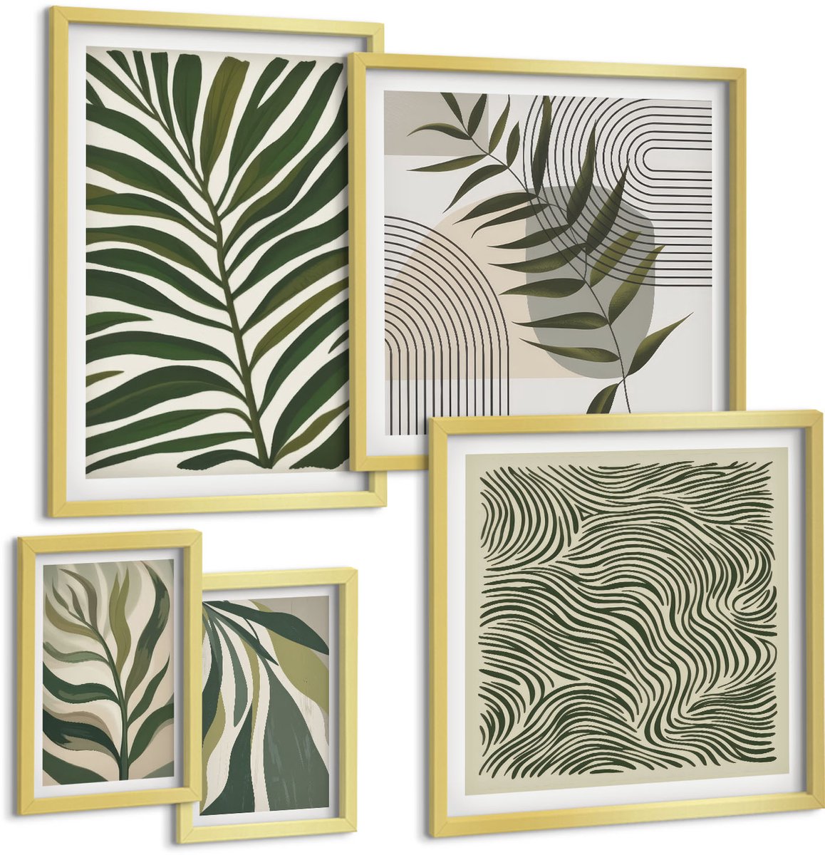 Coloray 5-Delige Schilderij Set - Plantenpatronen In Een Moderne En Minimalistische Stijl - 50 x 50 cm, 20 x 30 cm En 40 x 60 cm - Schilderijen Set - Wanddecoratie - Woonkamer - Woonkamer Decoratie
