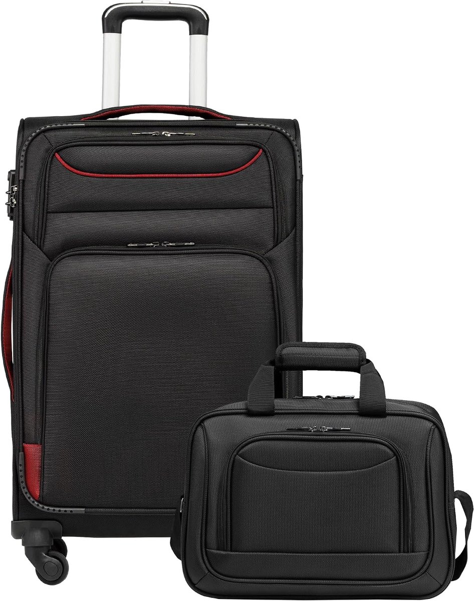 Trolley Reiskoffer met 4 wielen, Handbagage TSA-slot, bevat grote schoudertas, zwart+rood, Mittlerer Koffer-Set 2tlg, mooi