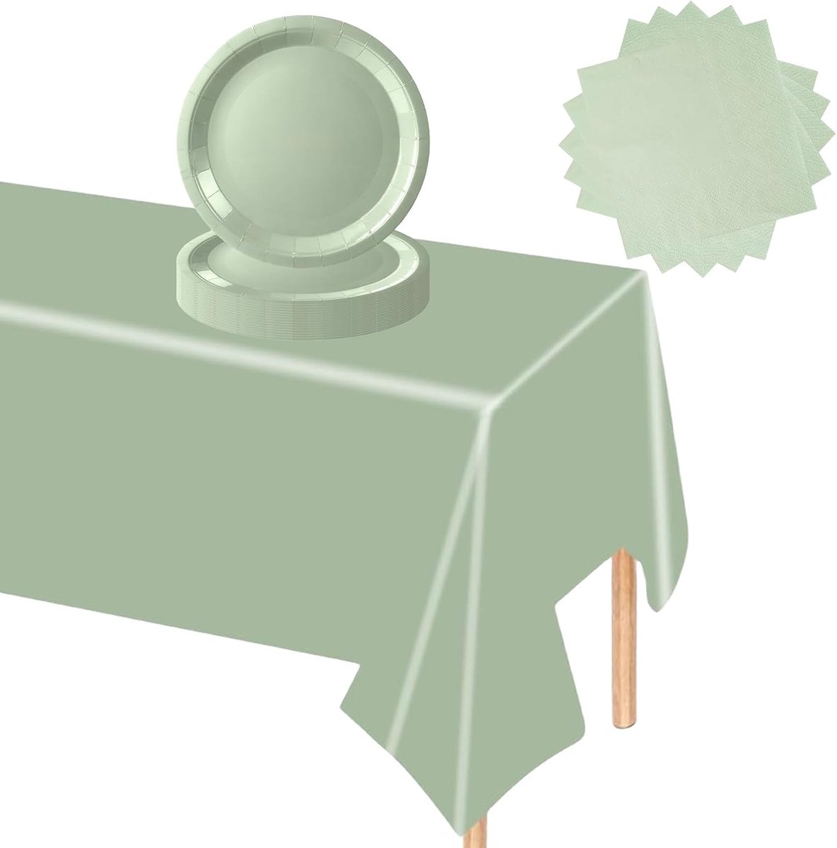 37 stuks saliegroen feestservies, saliegroen papieren dinerset inclusief 16P papieren borden, 20P Servetten 1P plastic tafelkleed tafelkleed voor verjaardag, babyshower, bruiloft feesttafeldecoraties